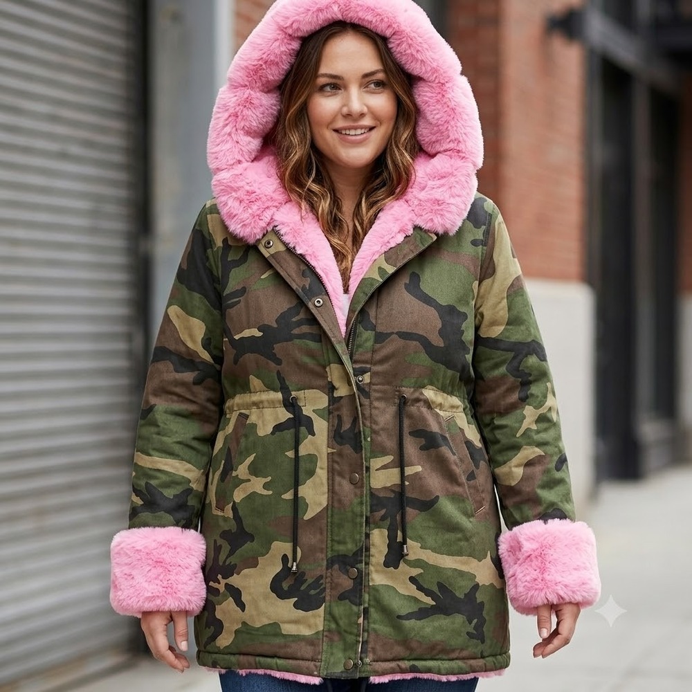 Camo Faux Fur Lined Hooded Bomber Parka Jacket Large